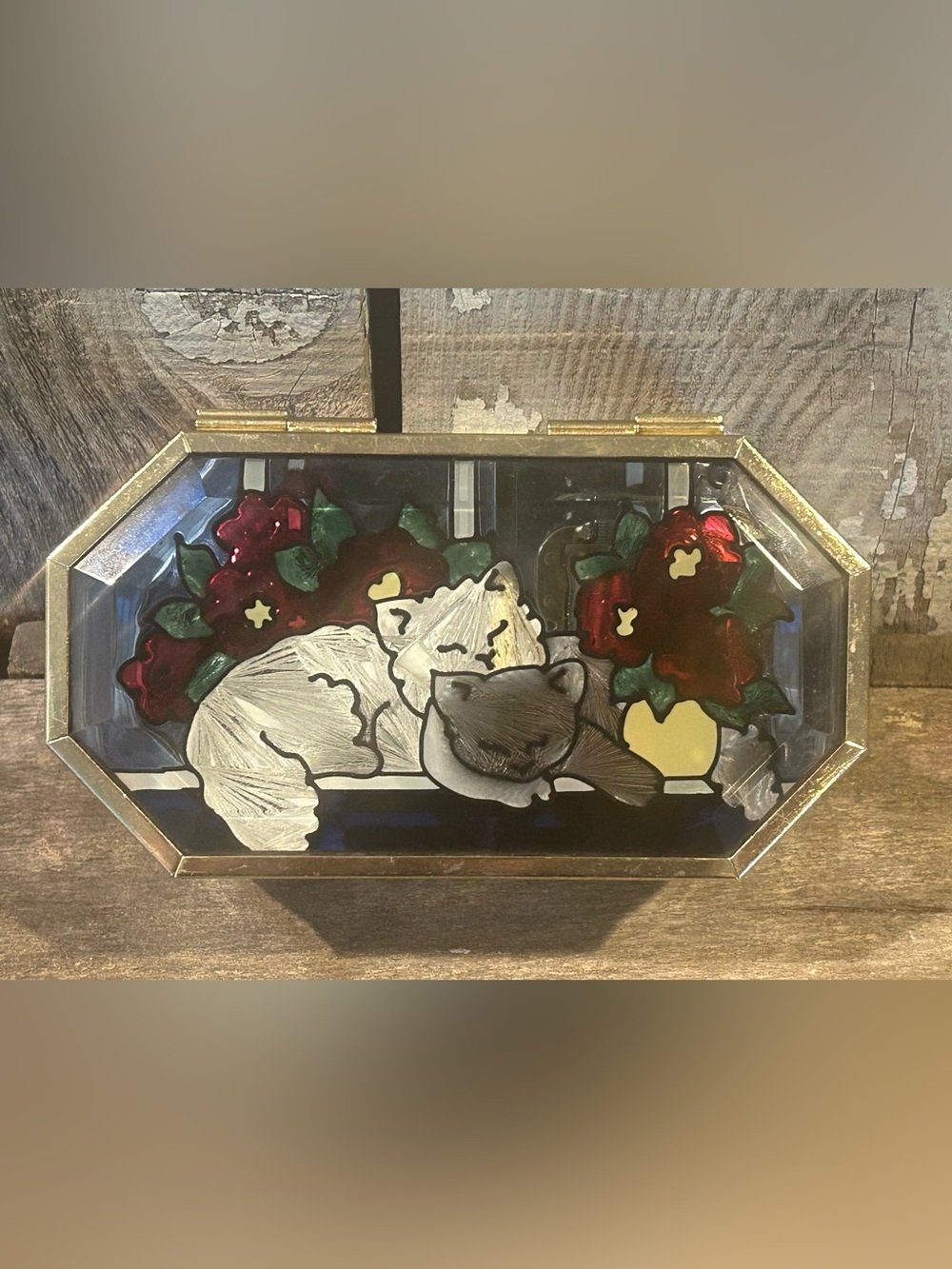 Vintage Joan Baker Designs “Two Cats Memories” Stained Glass Musical Trinket Box